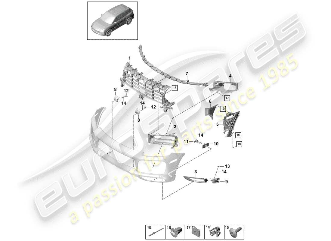 porsche 2020 (cayenne e3 9ya/9yb) diagrama de piezas del parachoques