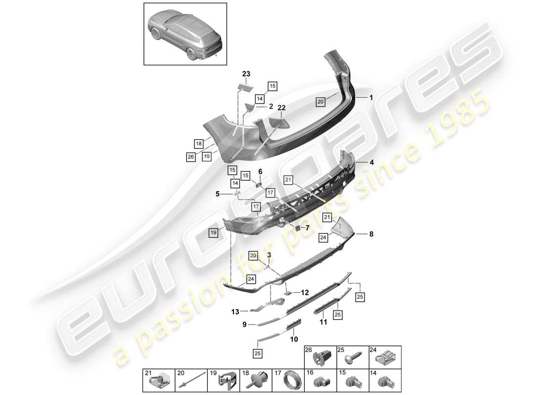 porsche 2020 (cayenne e3 9ya/9yb) diagrama de piezas del parachoques