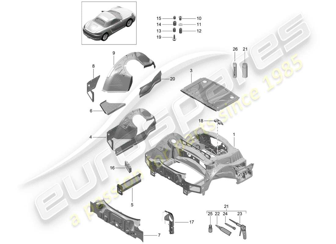 porsche 2020 (718 boxster) diagrama de piezas del extremo trasero