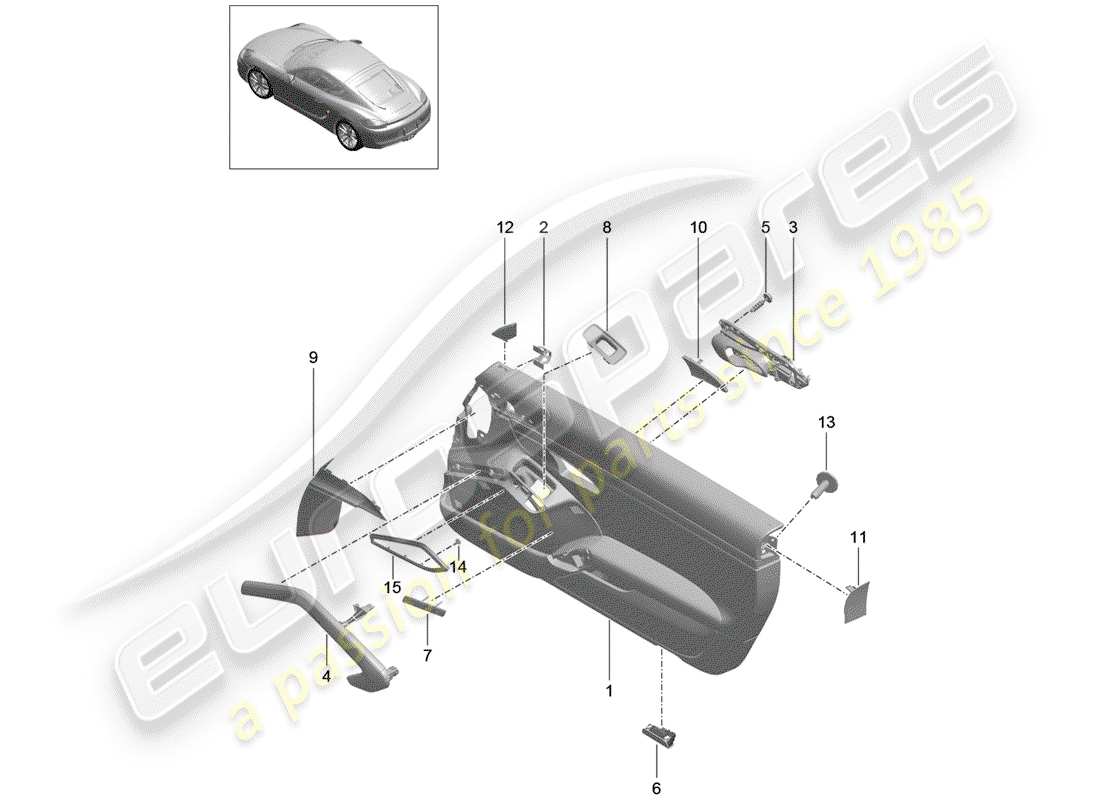 porsche 2014 (981 cayman) diagrama de piezas del panel de puerta