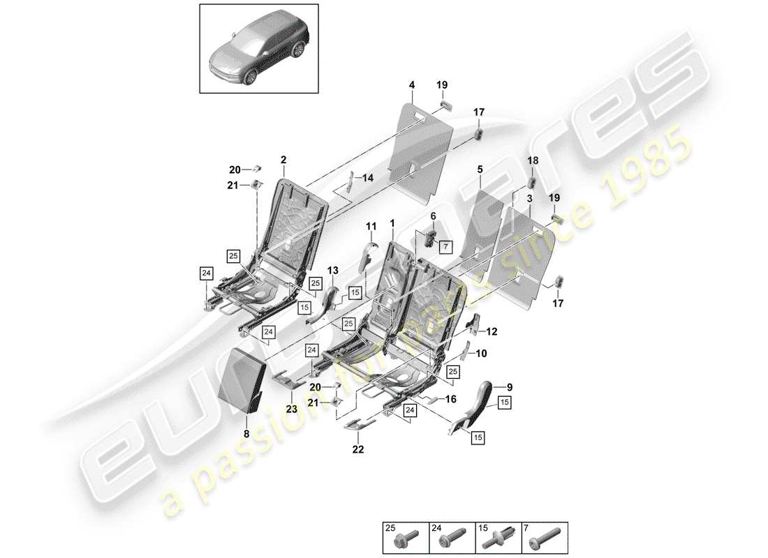 porsche 2020 (cayenne e3 9ya/9yb) respaldo del asiento trasero diagrama de piezas