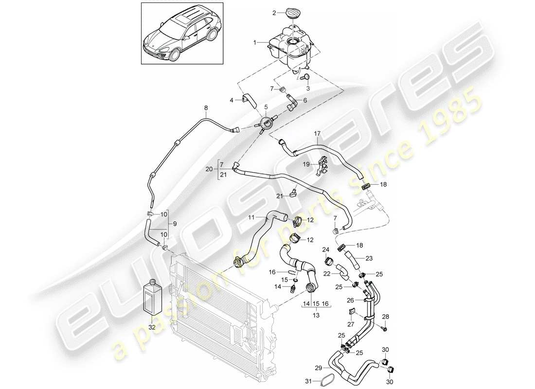 porsche 2016 (cayenne e2 92a) diagrama de piezas de refrigeración por agua