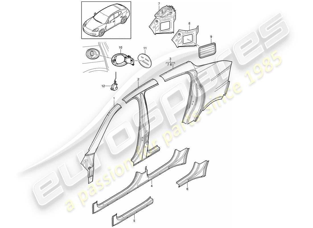 porsche 2014 (panamera 970) diagrama de piezas del panel lateral