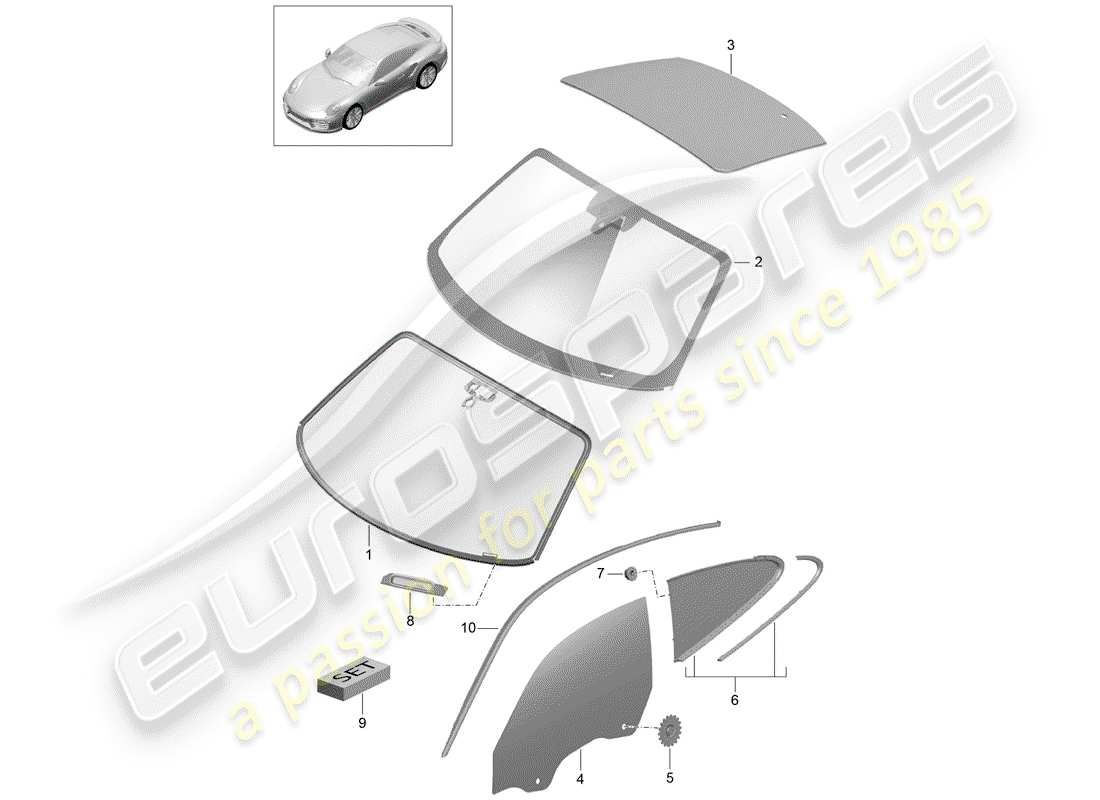 porsche 2015 (991-1 turbo) vidrio del parabrisas diagrama de piezas