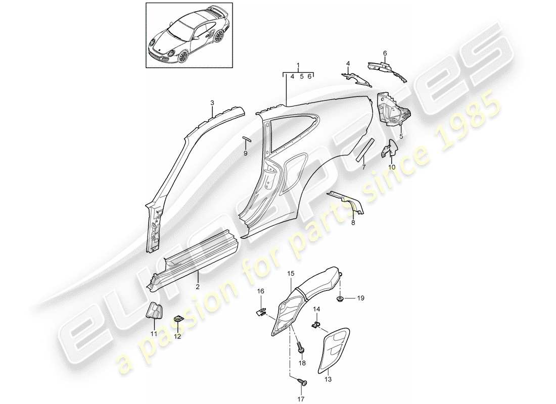 porsche 2013 (997-2 turbo / gt2 rs) diagrama de piezas del panel lateral