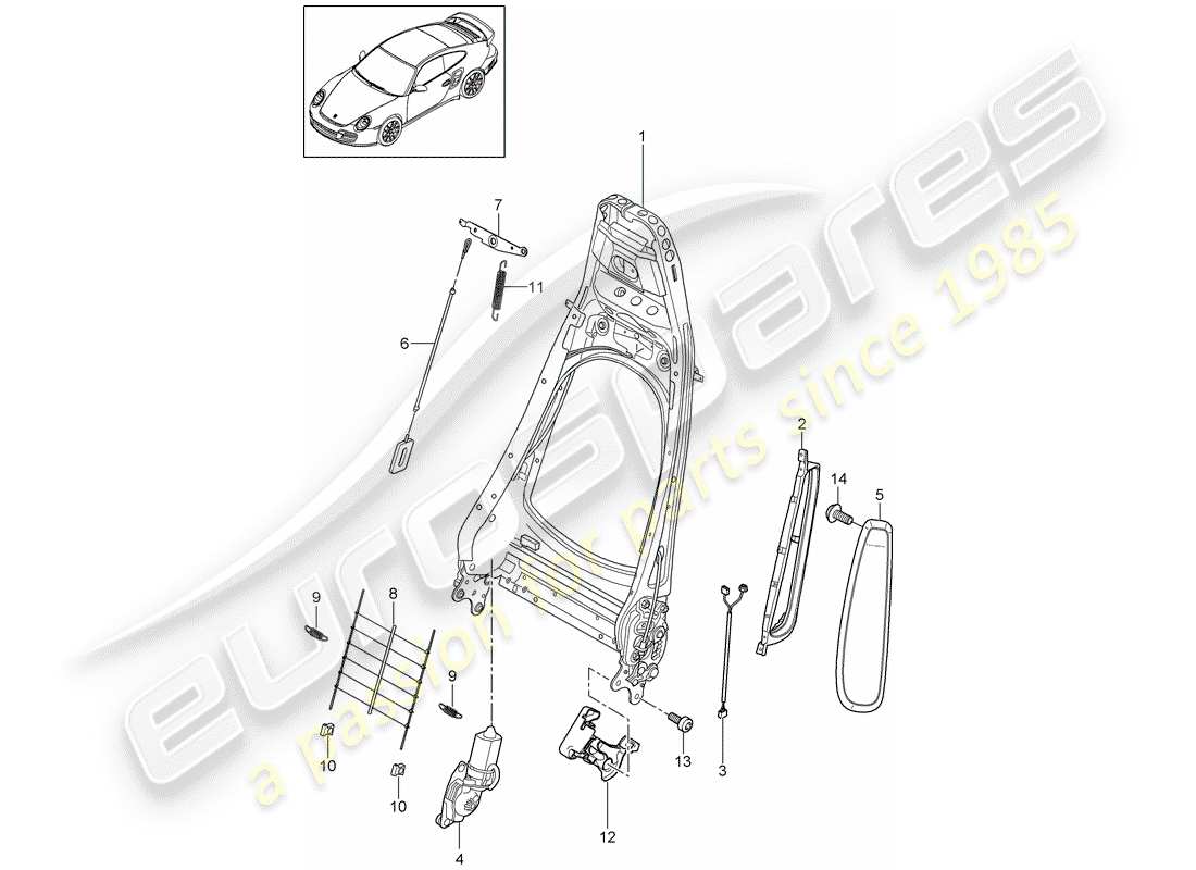 porsche 2013 (997-2 turbo / gt2 rs) diagrama de piezas del marco del respaldo