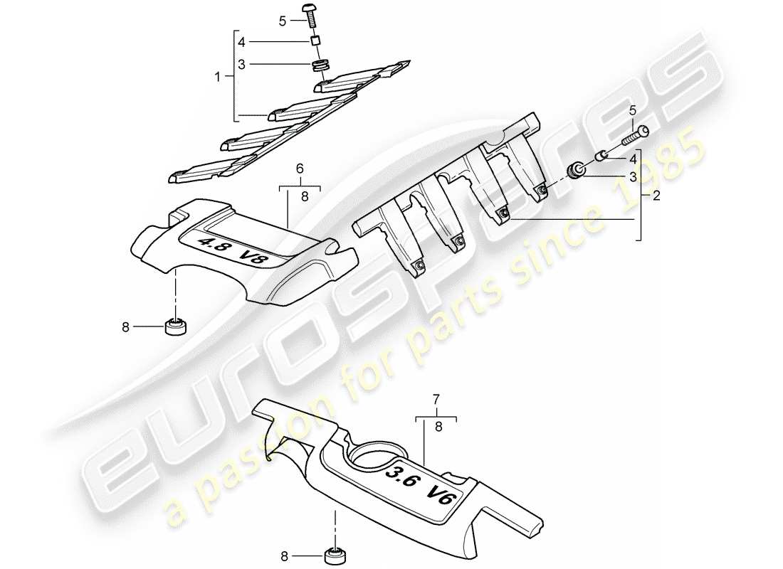 porsche 2008 (cayenne e1 9pa) diagrama de piezas de la cubierta del motor