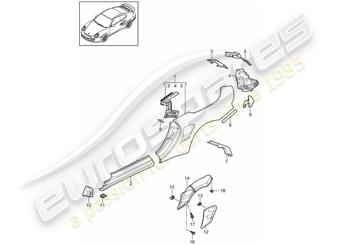 porsche 2013 (997-2 turbo / gt2 rs) diagrama de piezas del panel lateral