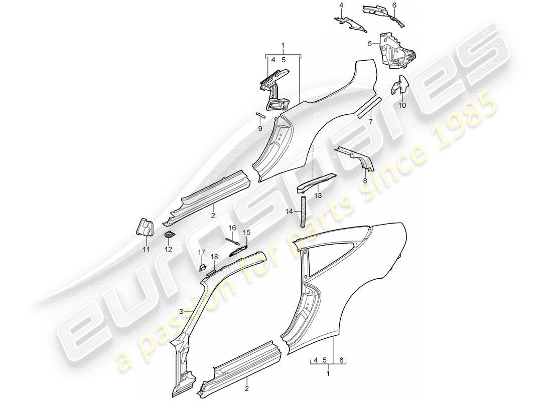 porsche 2005 (997-1) diagrama de piezas del panel lateral