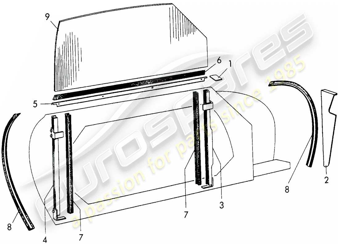 porsche 1954 (356/356a) puerta ventana diagrama de piezas
