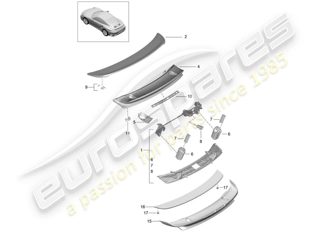 porsche 991 turbo (2017) diagrama de piezas del spoiler trasero