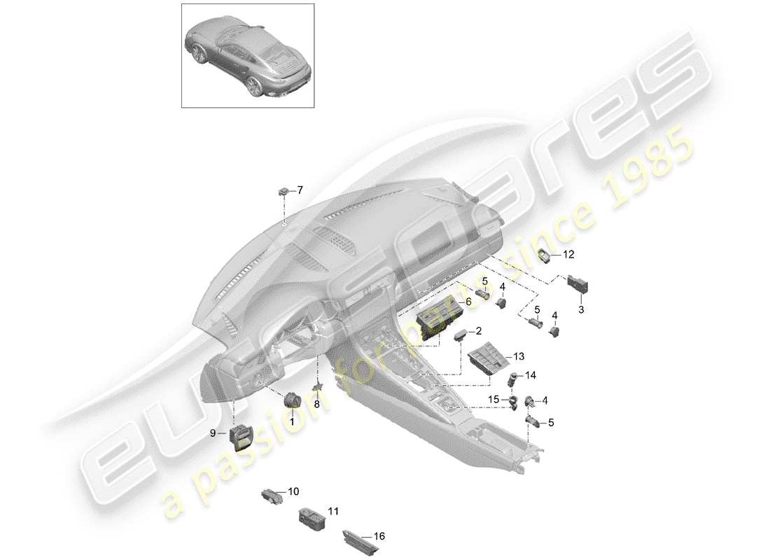 porsche 991 turbo (2016) diagrama de piezas del interruptor