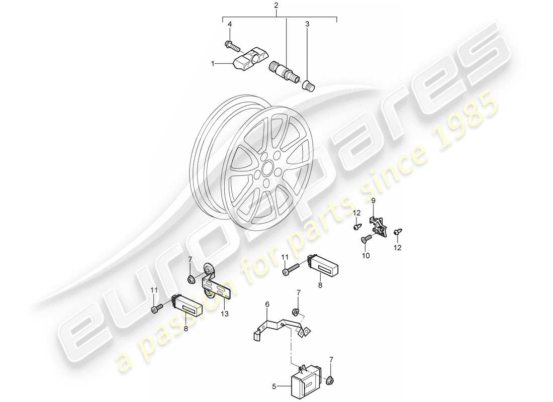 porsche 2008 (997-1 gt3) sistema de control de presión de neumáticos diagrama de piezas