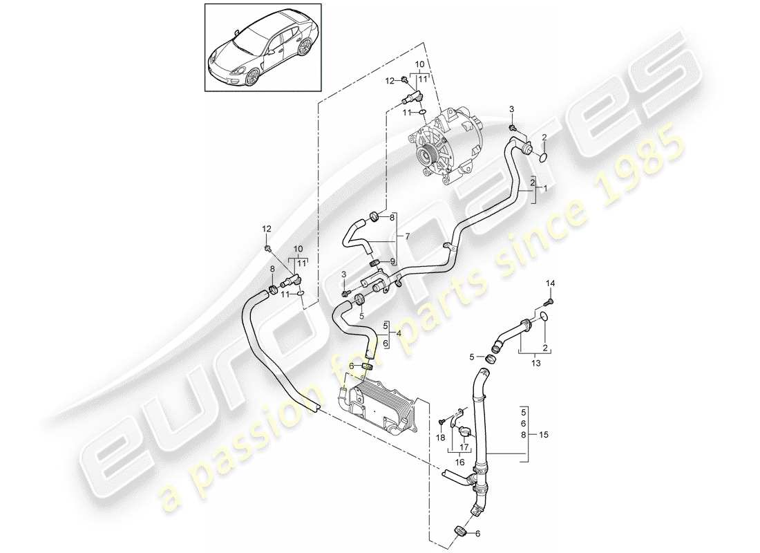 porsche 2011 (panamera 970) diagrama de piezas de refrigeración por agua
