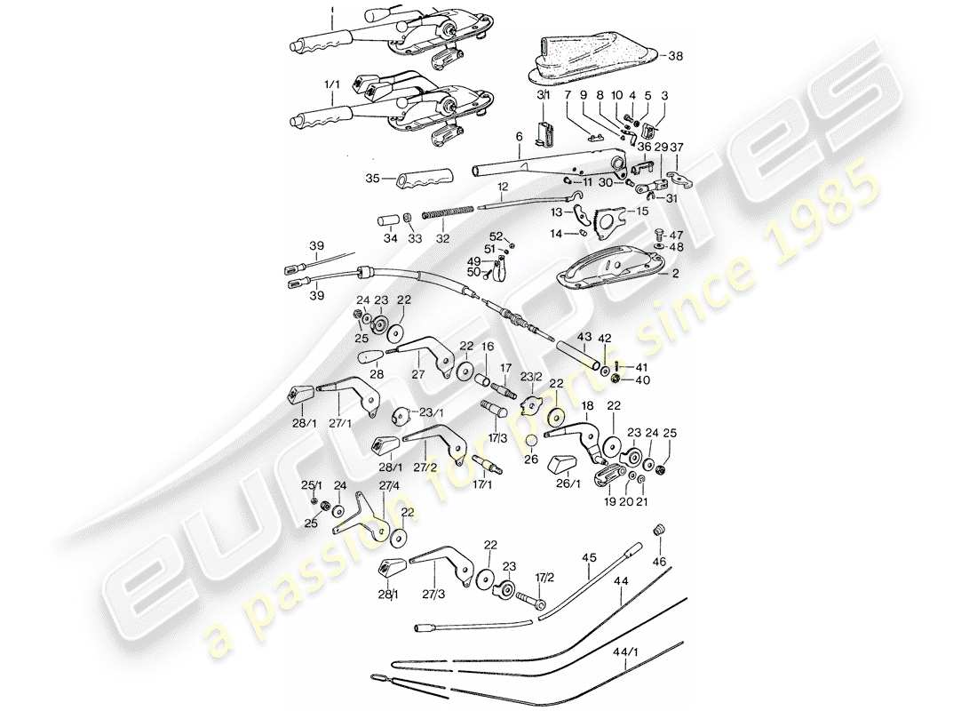 porsche 1976 (911) palanca de funcionamiento - freno de mano - acelerador manual diagrama de piezas