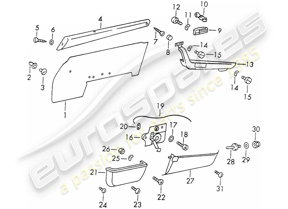 porsche 1973 (911) equipamiento interior - puertas diagrama de piezas