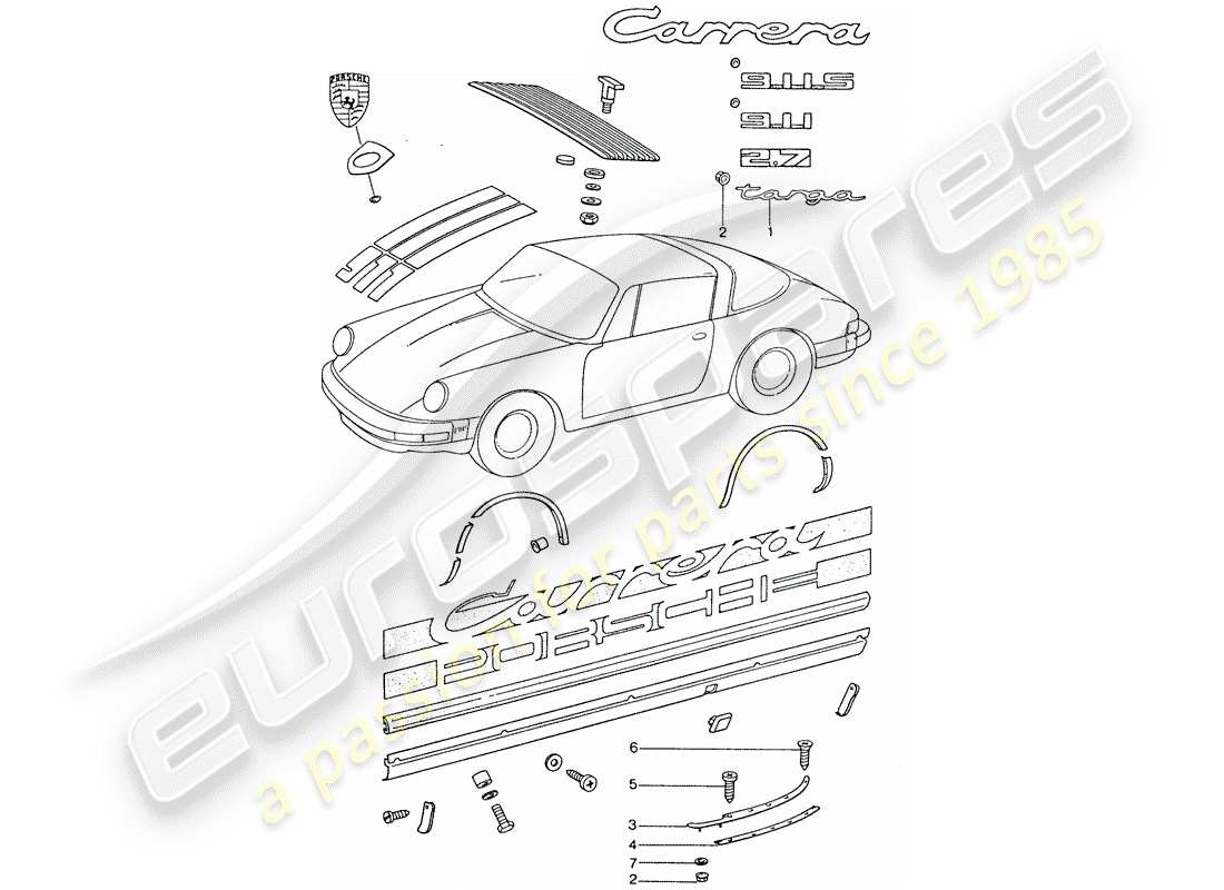 porsche 1974 (911) accesorios decorativos diagrama de piezas