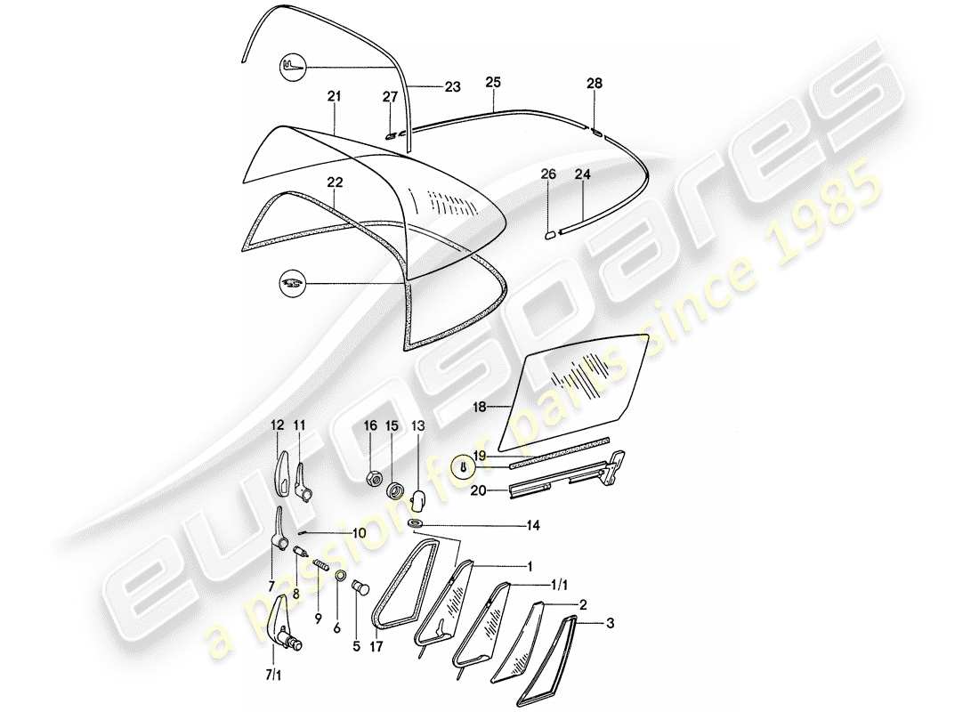porsche 1974 (911) acristalamiento de ventanas diagrama de piezas