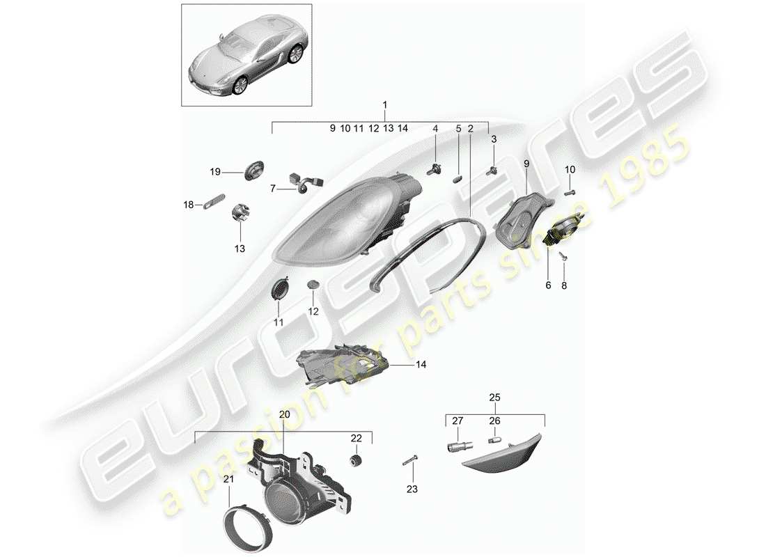 porsche 2016 (981 cayman) diagrama de piezas del faro