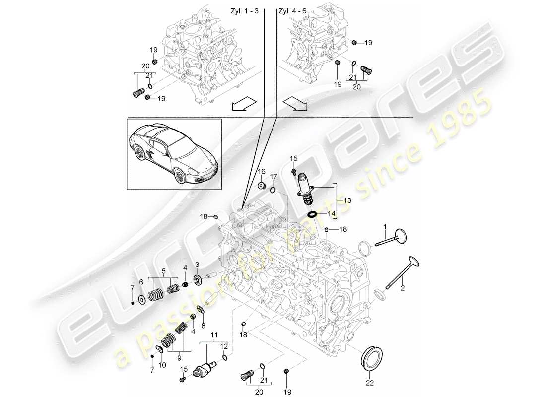 porsche 2011 (987 cayman) cabeza de cilindro diagrama de piezas
