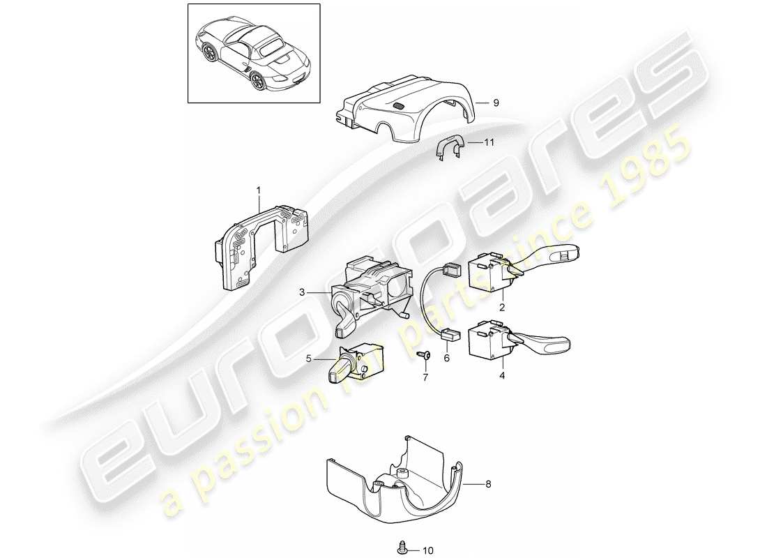 porsche 2012 (987 boxster) diagrama de piezas del interruptor de la columna de dirección