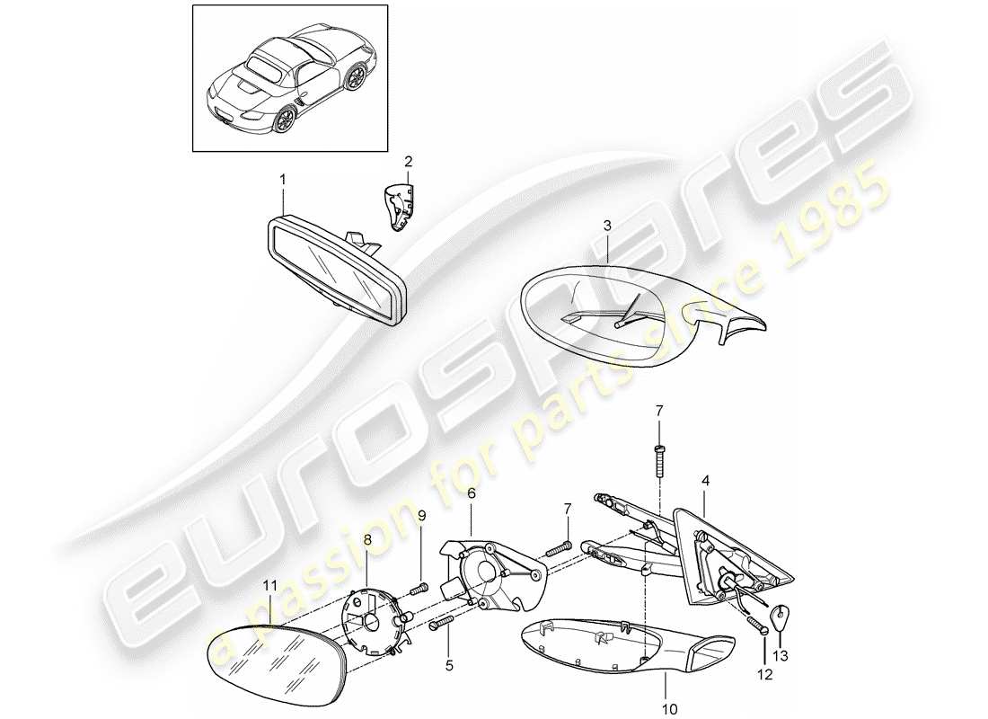 porsche 2007 (987 boxster) diagrama de pieza interior del espejo retrovisor