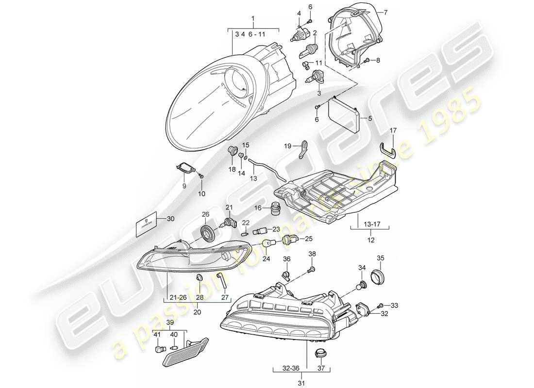 porsche 2007 (997-1 gt3) diagrama de piezas del faro