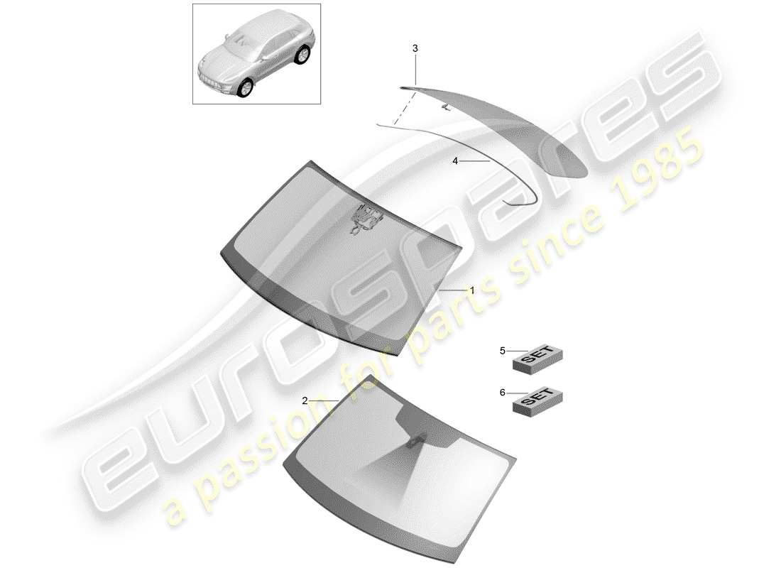 porsche 2015 (macan) diagrama de piezas del vidrio del parabrisas
