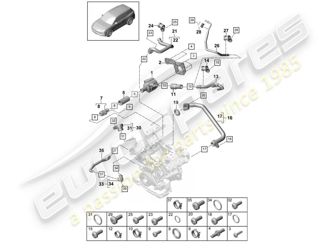 porsche 2019 (cayenne e3 9ya/9yb) diagrama de piezas de refrigeración por agua