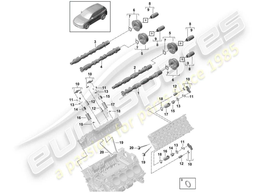 porsche 2019 (cayenne e3 9ya/9yb) árbol de levas, válvulas diagrama de piezas