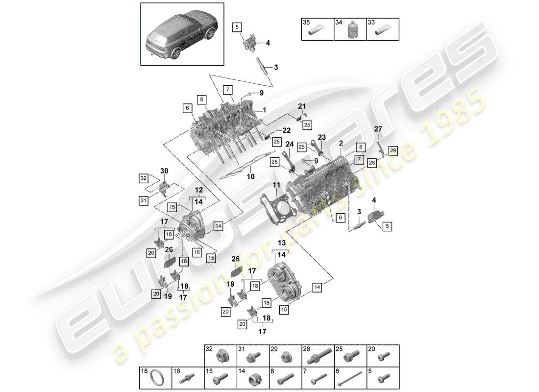 porsche 2019 (cayenne e3 9ya/9yb) diagrama de piezas de la culata del cilindro