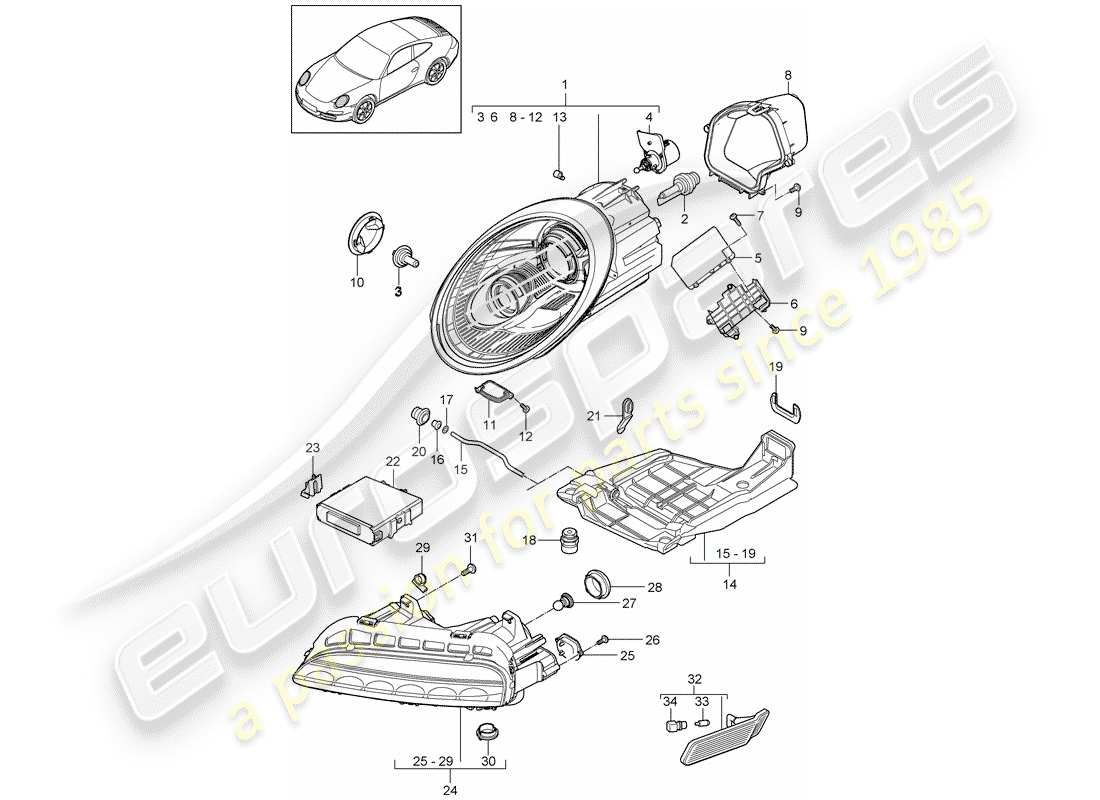 porsche 2012 (997-2) diagrama de piezas del faro