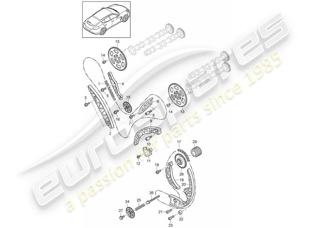 porsche 2010 (panamera 970) diagrama de piezas de la cadena de distribución