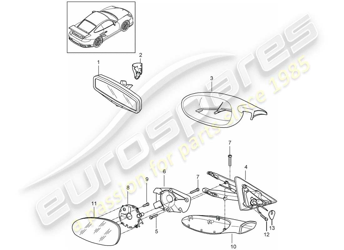 porsche 2008 (997-1 gt3) espejo retrovisor interior diagrama de piezas