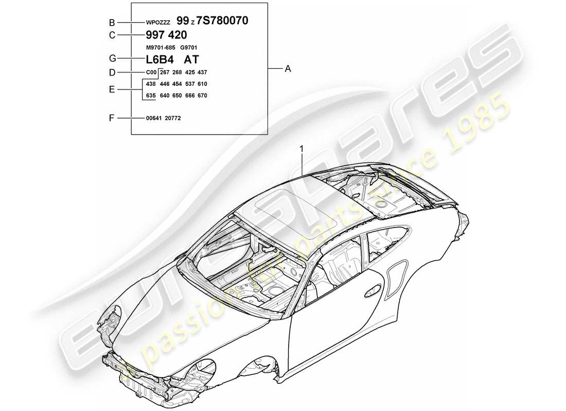 porsche 2013 (997-2 turbo / gt2 rs) diagrama de piezas de la carrocería del coche