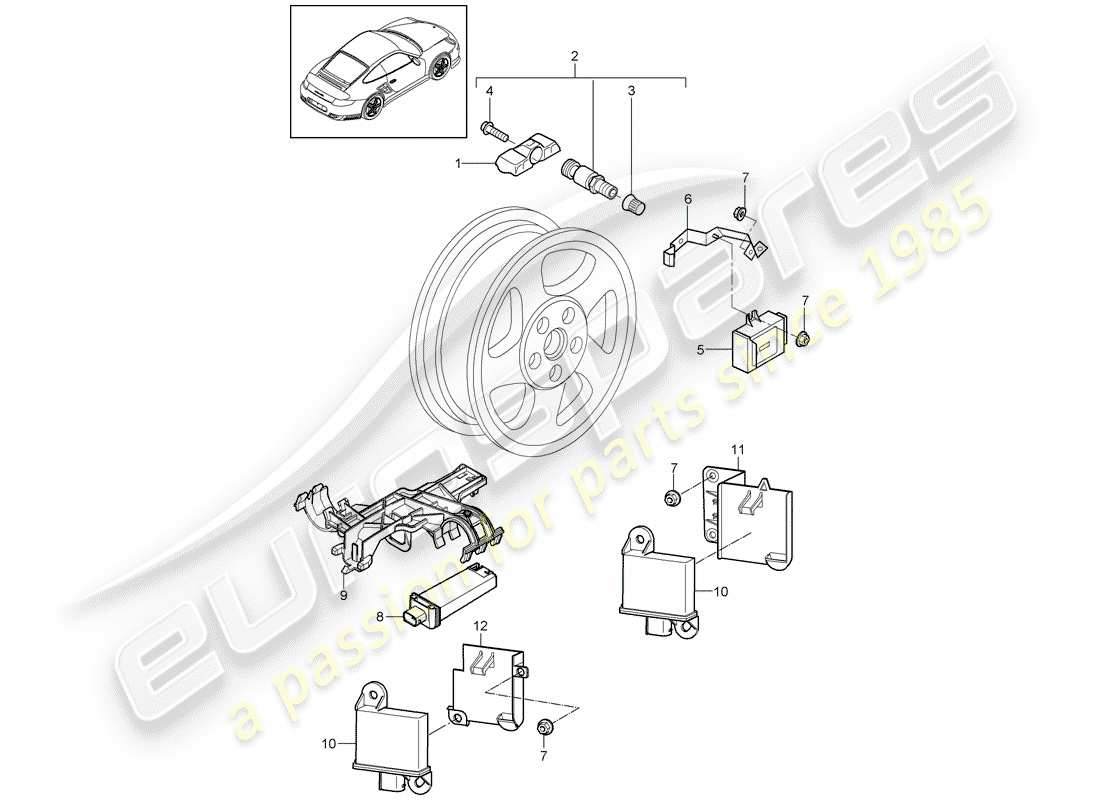 porsche 2013 (997-2 turbo / gt2 rs) sistema de control de presión de neumáticos diagrama de piezas