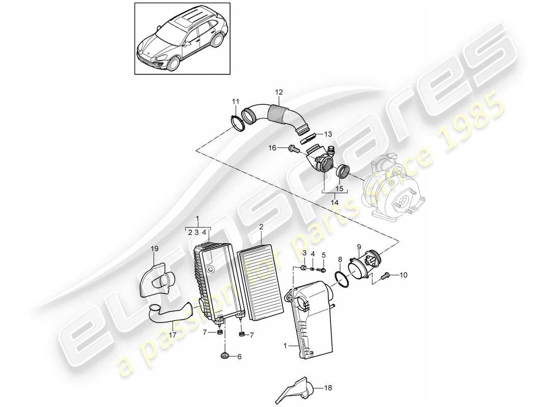 porsche 2016 (cayenne e2 92a) filtro de aire con conexión diagrama de piezas