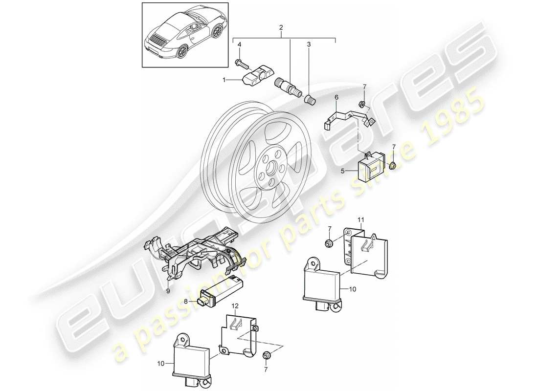 porsche 2012 (997-2) sistema de control de presión de neumáticos diagrama de piezas