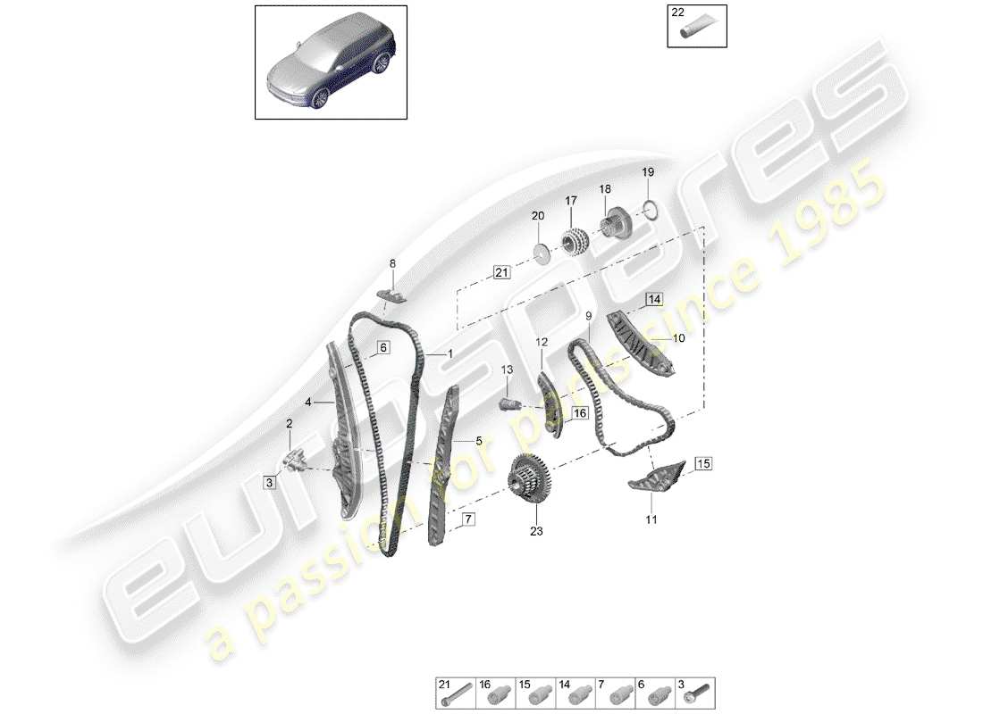 porsche 2020 (cayenne e3 9ya/9yb) diagrama de piezas de la cadena de distribución
