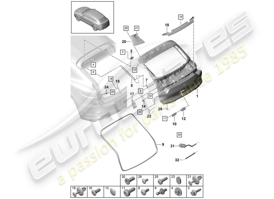 porsche 2020 (cayenne e3 9ya/9yb) diagrama de piezas de la tapa del maletero trasero