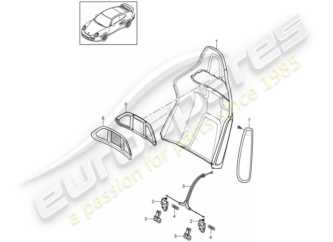 porsche 2013 (997-2 turbo / gt2 rs) diagrama de piezas de la carcasa del respaldo