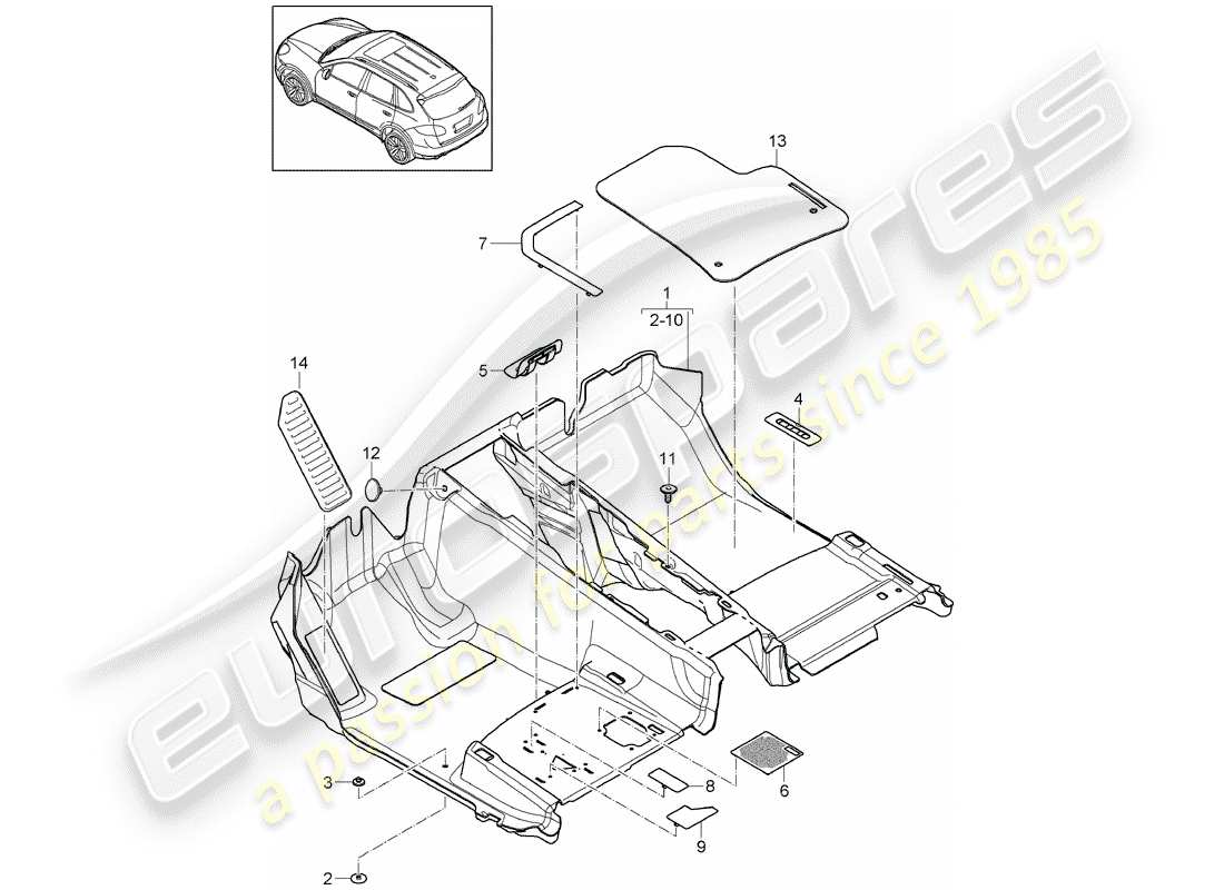 porsche 2011 (cayenne e2 92a) cubierta de piso diagrama de piezas
