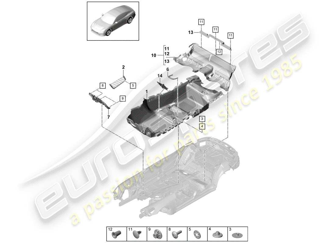 porsche 2017 (panamera 971-1) diagrama de piezas de la cubierta del piso