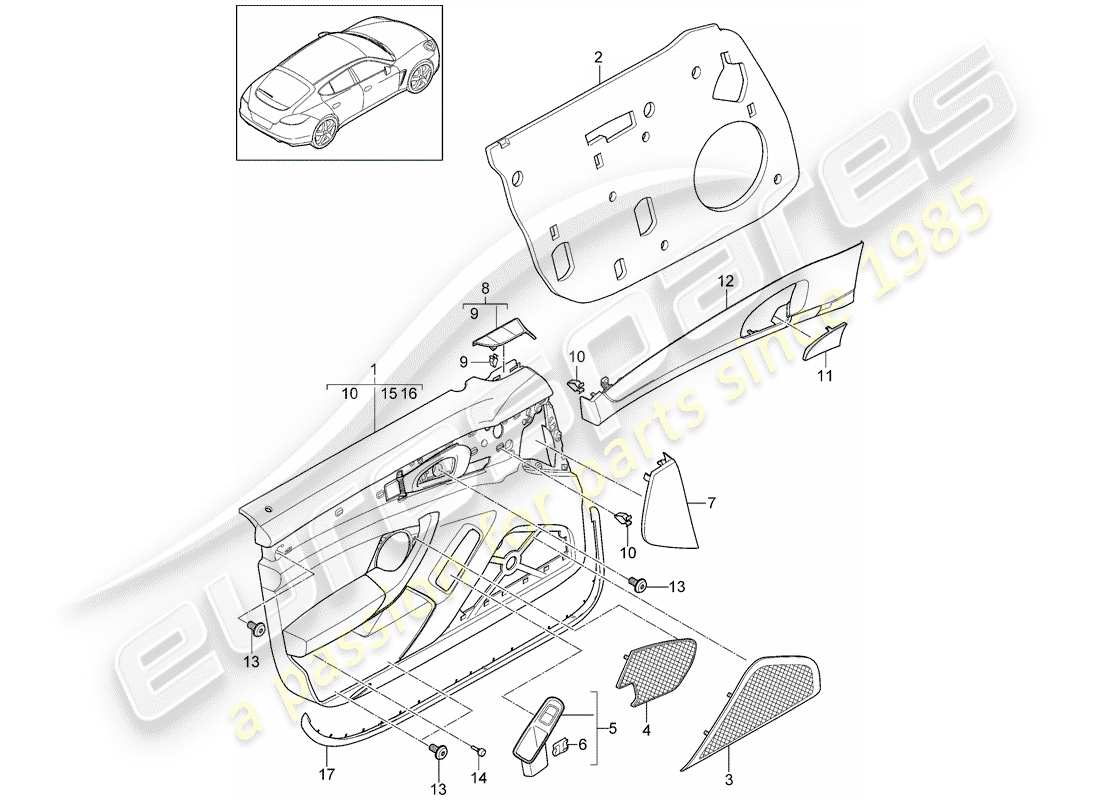 porsche 2011 (panamera 970) diagrama de piezas del panel de puerta