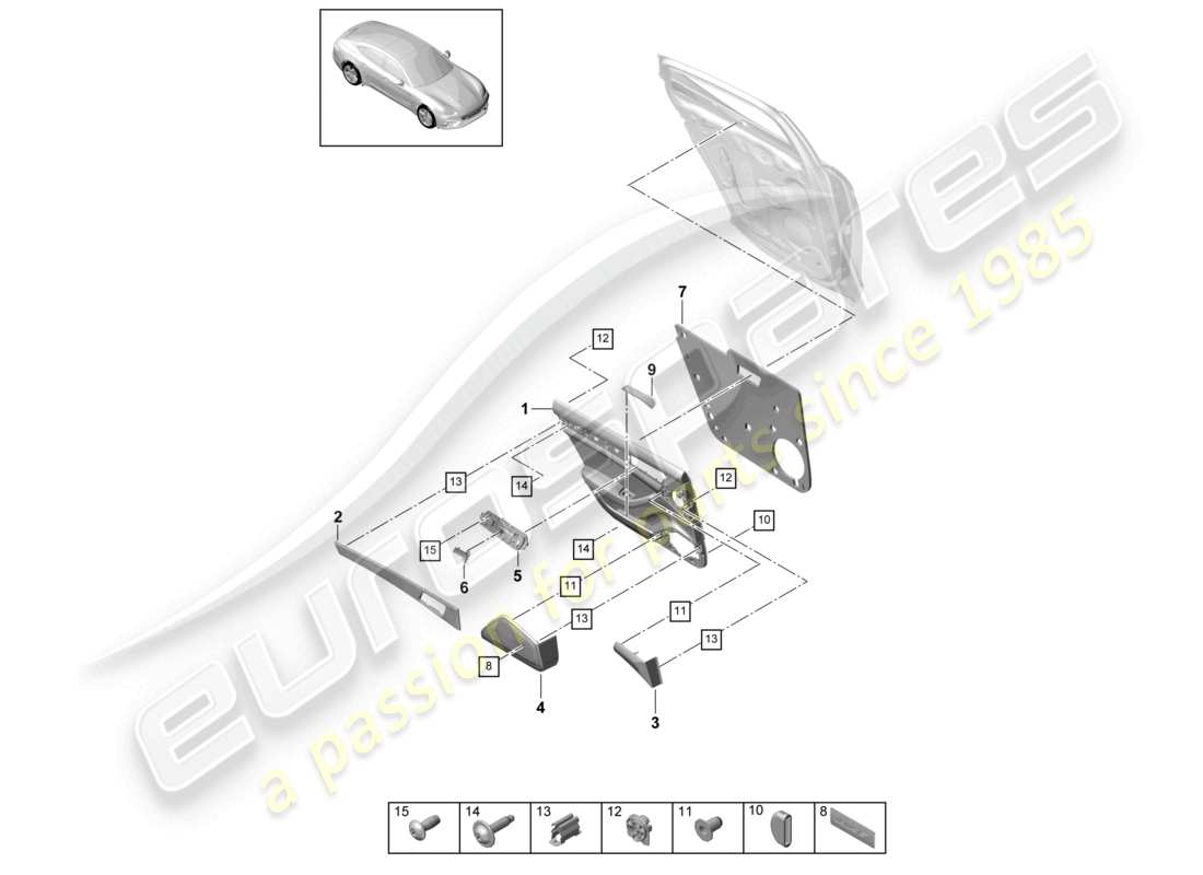 porsche 2017 (panamera 971-1) panel de puerta trasero alcantara diagrama de piezas