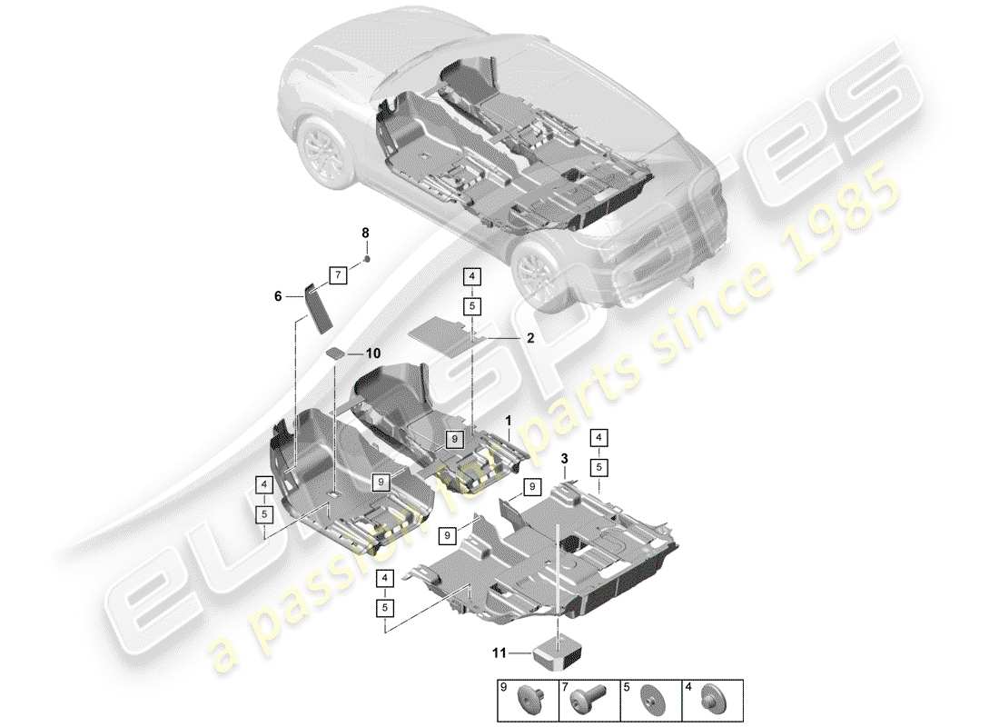 porsche 2020 (cayenne e3 9ya/9yb) diagrama de piezas de la cubierta del piso
