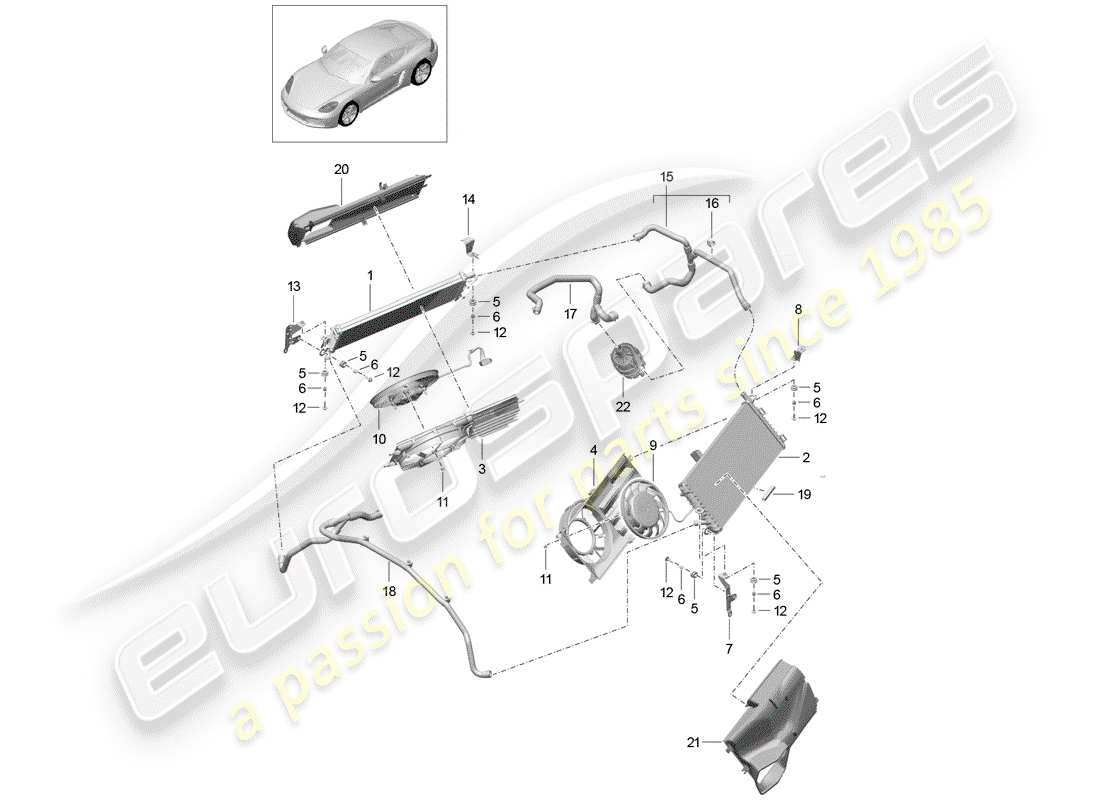 porsche 2019 (718 cayman) diagrama de piezas de refrigeración por agua