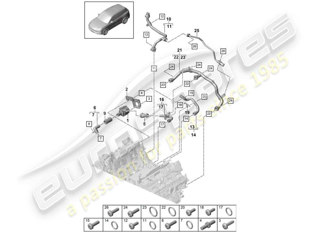 porsche 2020 (cayenne e3 9ya/9yb) diagrama de piezas de refrigeración por agua