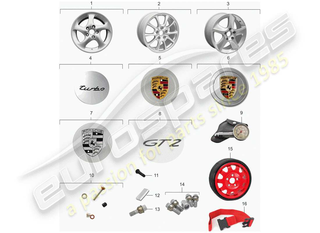 porsche 2003 (996 turbo / gt2) diagrama de piezas de ruedas