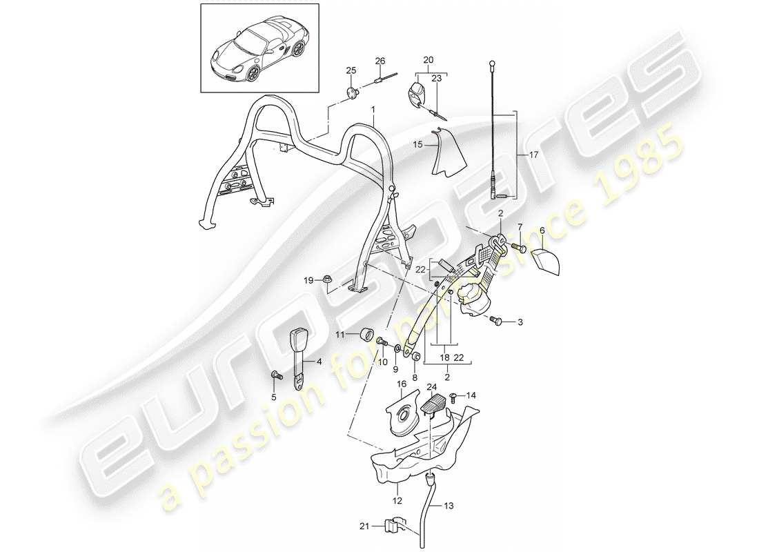 porsche 2010 (987 boxster) diagrama de piezas de la barra antivuelco